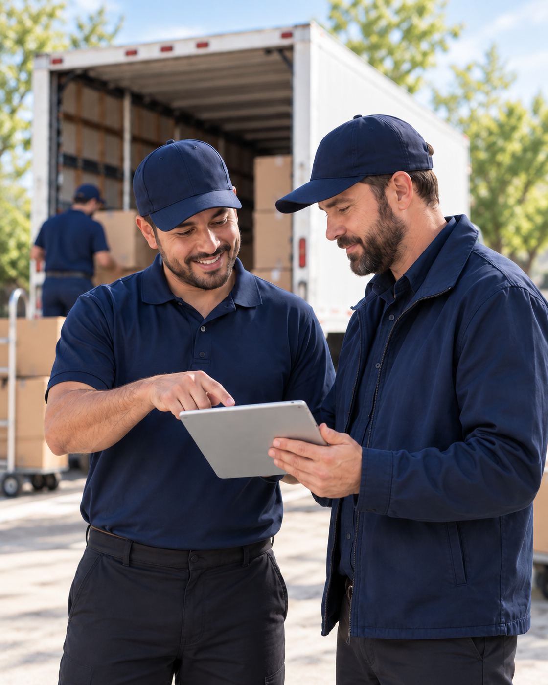 Two crew members reviewing a job on a tablet beside the moving truck