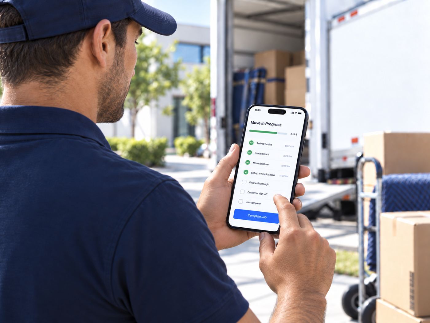 Crew member updating a move checklist from his phone